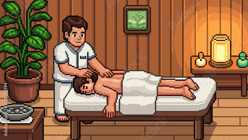 Person receiving a relaxing back massage from a male therapist on a table in a cozy spa room, depicted in a detailed retro pixel art video game style with warm lighting