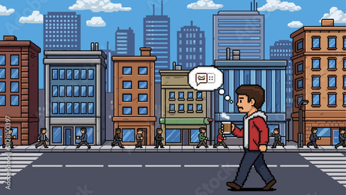 Pixel art illustration of a man walking through a busy downtown city scene while thinking about a new message notification, rendered in a retro 8-bit video game style