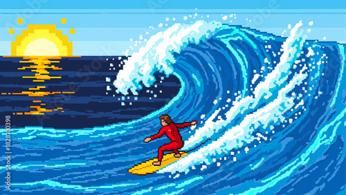 Pixel art illustration of a surfer riding a huge blue ocean wave during a beautiful sunset, a retro 8-bit video game style scene with vibrant colors and a dynamic composition