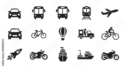 Collection of Transport Icons Car Bus Bicycle Rocket Motorcycle Design