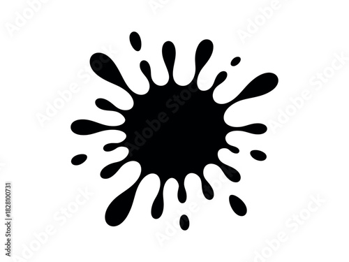A black ink splatter abstract background on a white surface.