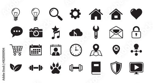 Collection of various icons including light bulb camera and shopping cart