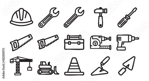 Construction tools and equipment icons in black and white pattern background