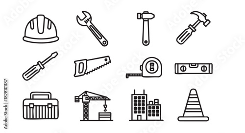 Construction Tool Line Icons Depicting Safety Work and Equipment