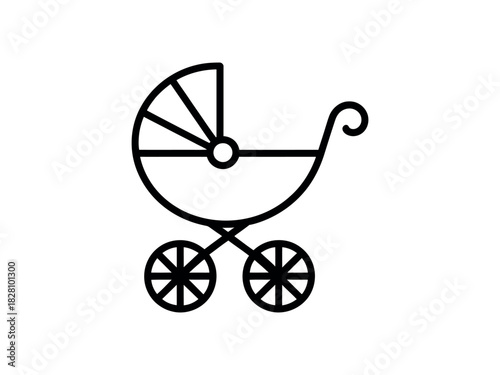 A vintage baby carriage is depicted in a simple, clean line drawing.