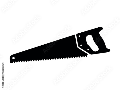 A silhouetted hand saw is shown against a white background, ready for use.