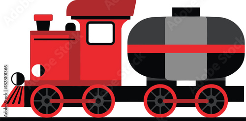 A cartoon illustration of a red train engine pulling a gray tank car on white background.