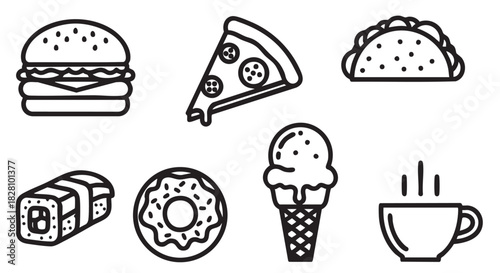 Diverse selection of delicious food in minimalist black outline vector
