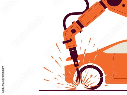 Robotic arm performs welding on car wheel in a factory setting.