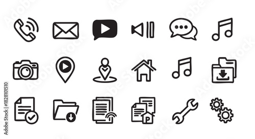 Doodle Style Icon Set Featuring Communication Location Media and Files