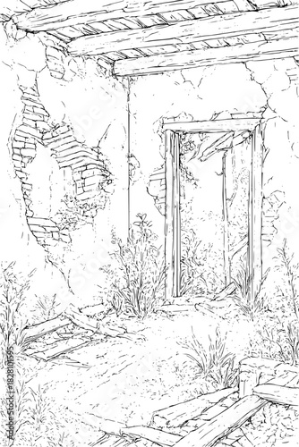 A highly detailed line-art depiction of an abandoned interior, featuring crumbling walls, fractured structures, and lush overgrown vegetation reclaiming the space.