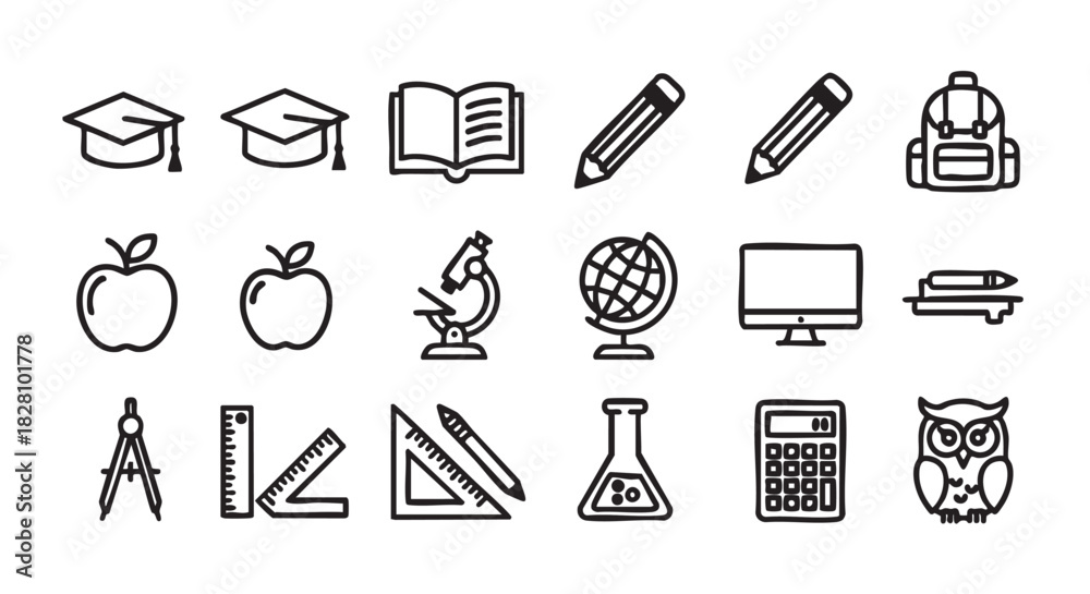 Naklejka premium Education and Learning Icon Set with Graduation Cap and Apple Graphics