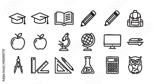 Education and Learning Icon Set with Graduation Cap and Apple Graphics