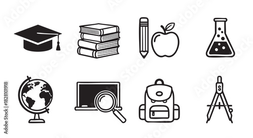 Education icons illustrating school symbols academic studies and learning process