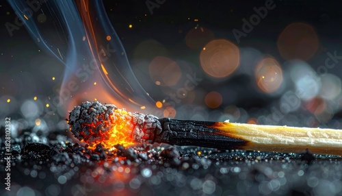 A macro shot of a smoldering matchstick glowing brightly against a dark, bokeh background.