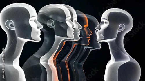 Translucent Mannequin Head Silhouettes: Modern Abstract Design with Color Gradient and Minimalist Elegance in Visual Art Display