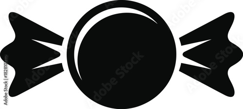 A black silhouette of a wrapped candy is depicted against a white background.