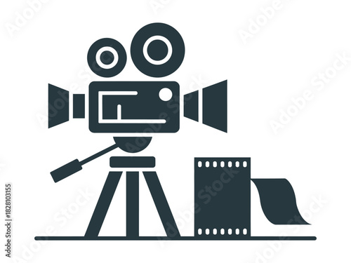 Classic film camera on a tripod with film reel, symbolizing filmmaking and cinema.