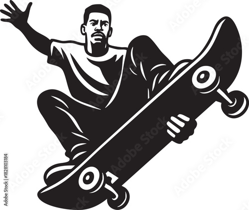 Dynamic black and white vector illustration of a male skateboarder performing an aerial trick with his board.