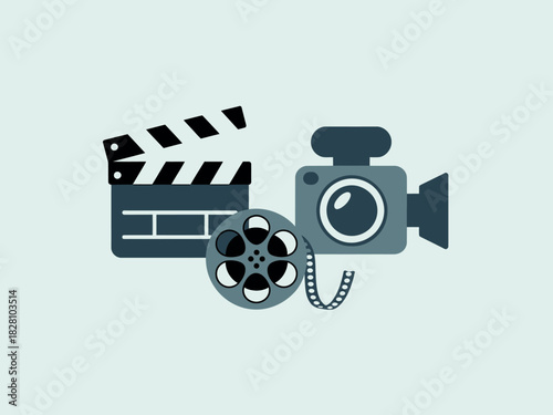 A clapperboard, film reel, and video camera symbolize the filmmaking industry.