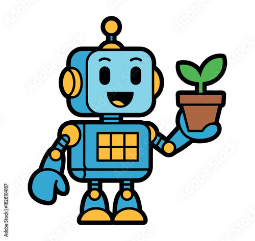 A cartoon robot holds a potted plant with green leaves and a brown pot.
