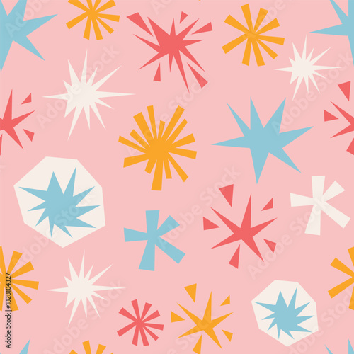 Pastel pink seamless pattern with irregular stars and simple geometric shapes in soft collage cartoon style. Cute background for Happy Birthday wrap, baby textile, nursery decor.