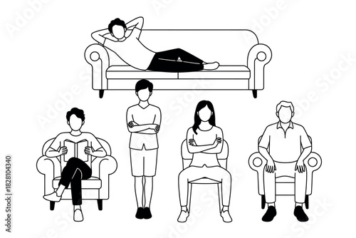 A group of diverse individuals are shown relaxing on furniture in a simple line drawing.