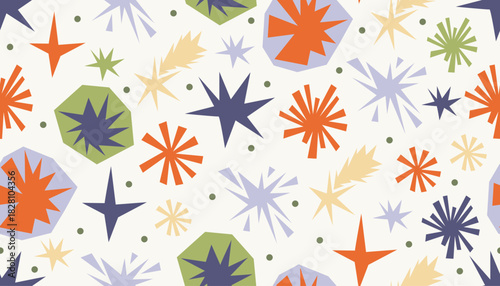 Funny seamless pattern with quirky irregular stars, dots and simple geometric shapes in bright collage cartoon style. Perfect for Happy Birthday wrap, baby textile, kid decor, cheerful prints.