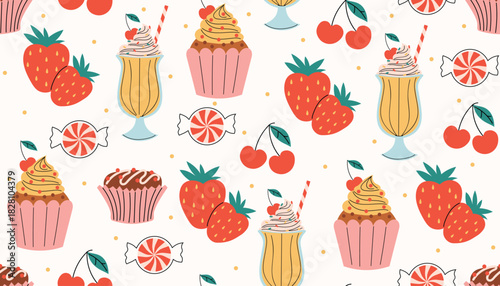 Colorful seamless pattern with Happy Valentines Day elements such as milkshake, strawberry, candy, cherry, cupcake with cherry, chocolate cupcake and tiny dots arranged in a playful random layout.