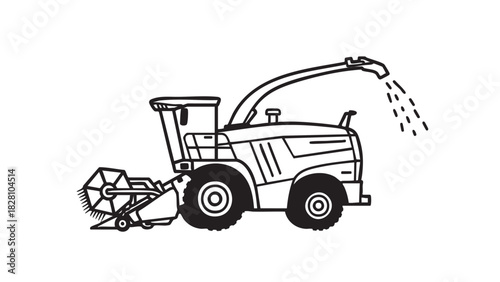 Monochrome vector icon of an agricultural forage harvester, illustrating efficient crop cutting and discharge, symbolizing farm productivity and industrial technology