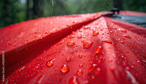 Close-up of water droplets glistening on a vibrant red tent or umbrella fabric during rainfall.