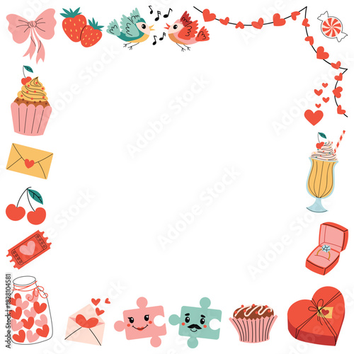 Colorful square frame decorated with Happy Valentines Day elements like songbirds, jigsaw puzzle couple, milkshake, cupcakes, strawberry, cherry, heart jar, diamond ring in cute cartoon flat style.
