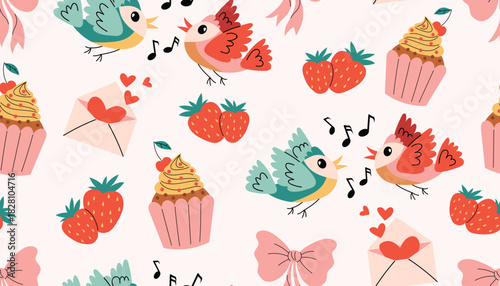 Colorful seamless pattern with cute songbird couple, cupcake with cherry, strawberry and heart letter, tied bow arranged in a playful scattered layout. Cheerful Valentine design ideal for wrap paper.