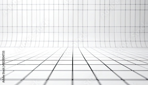 Abstract minimalist white background with black grid lines receding into the distance.