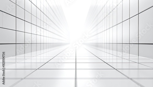 Fototapeta Naklejka Na Ścianę i Meble -  Abstract white tiled tunnel leading to bright white light with strong perspective.