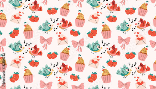 Bright seamless pattern with charming lovebird pair, sweet cupcake with cherry, strawberry, tied bow and romantic heart letter in random composition. Fun Valentine background.