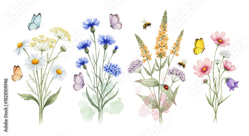 Transparent background illustration featuring butterflies, insects, and various wildflowers painted in watercolor.