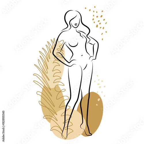 Silhouette of a cute lady and leaves of a plant. The girl is standing. The woman has a beautiful naked figure. She is young and slim. Vector illustration.
