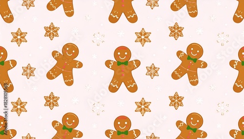 Festive pattern of gingerbread men and snowflakes on a light pink background creating a holiday-themed design