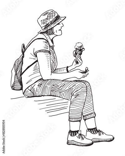 One elderly woman in hat with backpack sitting on park bench and eating ice cream on summer day, realistic sketch, vector hand drawn illustration