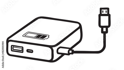 Portable power bank charging a device via USB cable, illustrating mobile energy storage
