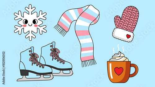Cute winter essentials set with snowflake, scarf, mitten, ice skates, and hot chocolate