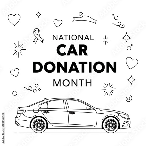 National car donation month with sedan car line art, isolated on white