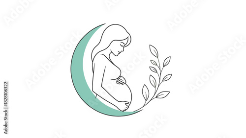 Pregnant woman line art with crescent moon and leaves, isolated on white background