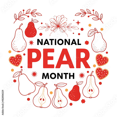 National pear month celebration with fruit, leaves, and hearts, isolated on white background