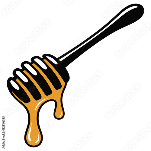 A classic wooden honey dipper, rich golden honey dripping from its grooves, symbolizing sweetness, natural food, and healthy eating, isolated on
