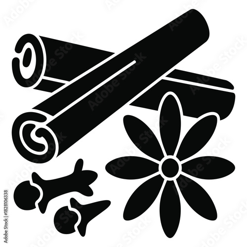 A collection of aromatic spices including cinnamon sticks, star anise, and cloves, presented as a stark black silhouette against a, evoking warmth and flavor