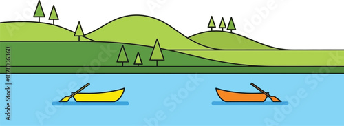 Two colorful rowboats float on a lake surrounded by green hills and trees