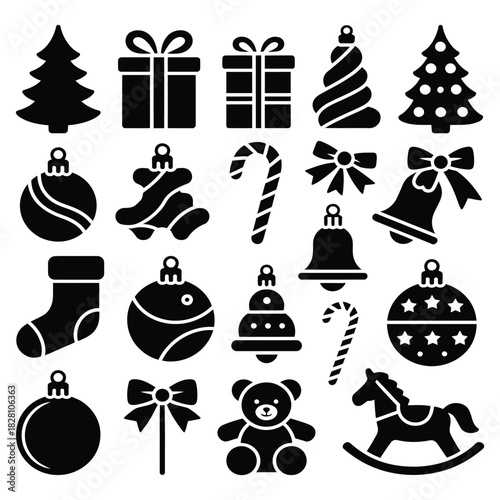 A collection of black silhouette christmas icons, including trees, gift boxes, ornaments, candy canes, bows, bells, a stocking, teddy bear, and rocking horse, isolated on