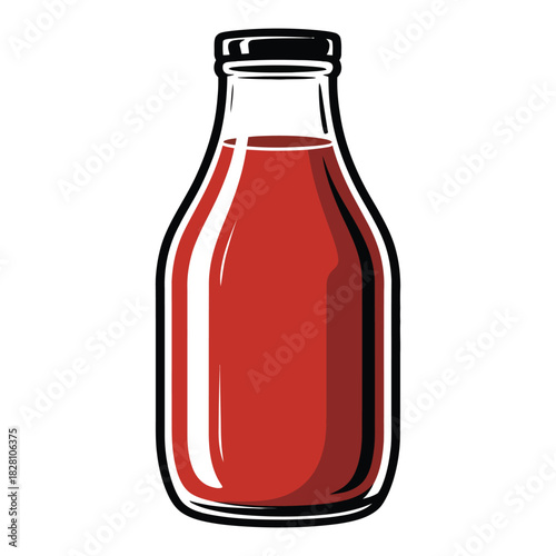 A graphic illustration of a glass bottle filled with vibrant red liquid, such as juice, sauce, or a beverage, featuring a sleek black cap, isolated on